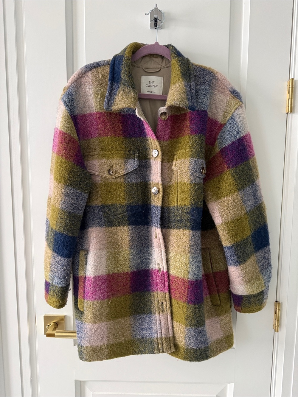 Aritzia Wilfred Multicolor Plaid Teddy Jacket in Olive, Pink & Blue